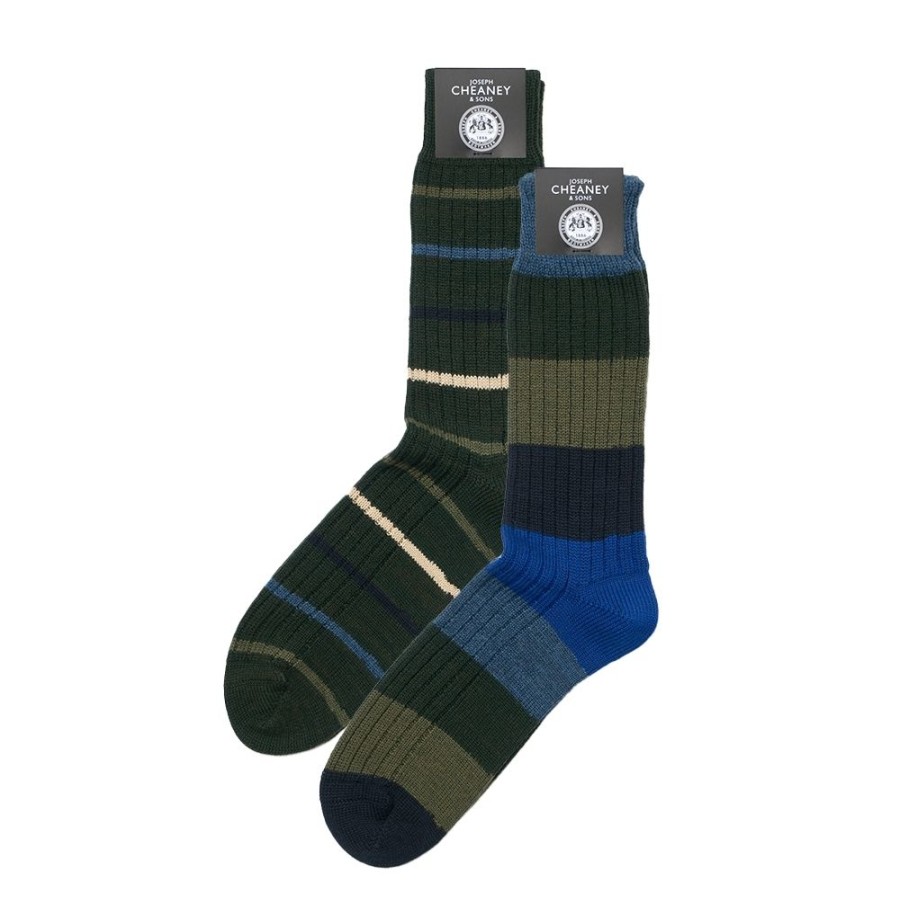 Accessories Corgi | Striped Socks Gift Box - 2 Pack - Forest/Cream, Green/Blue