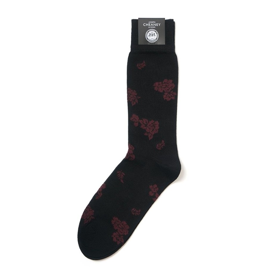 Accessories Corgi | Floral Pattern Black/Burgundy Mens Cotton Socks