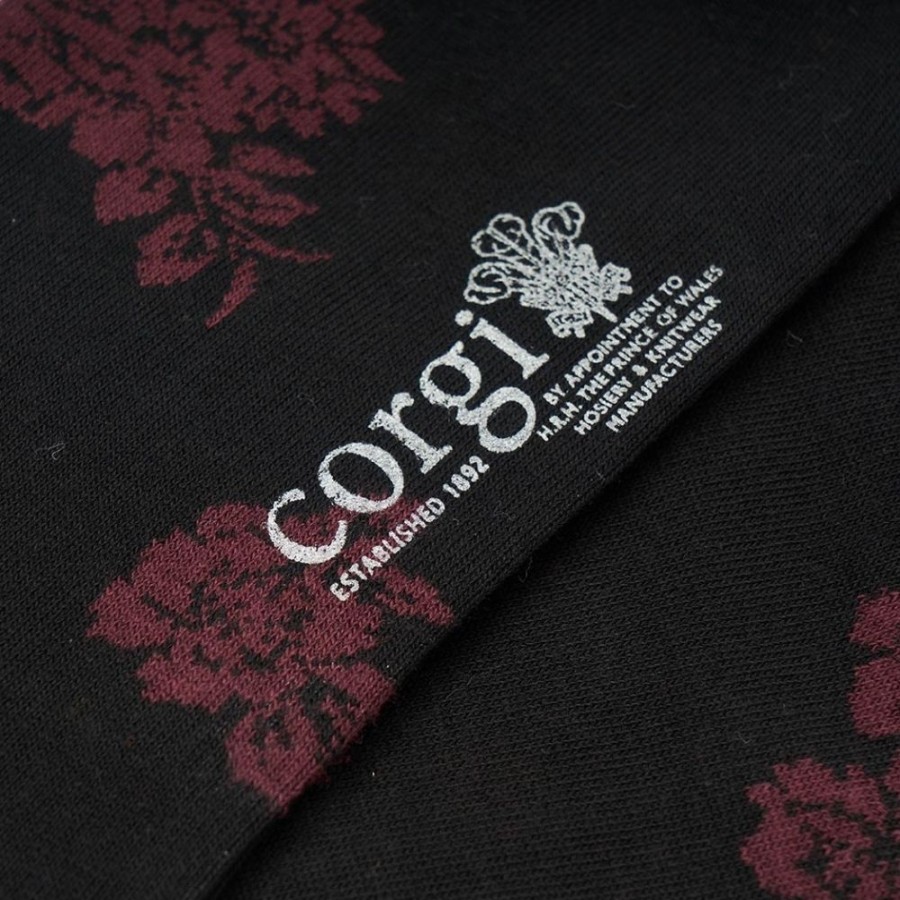 Accessories Corgi | Floral Pattern Black/Burgundy Mens Cotton Socks