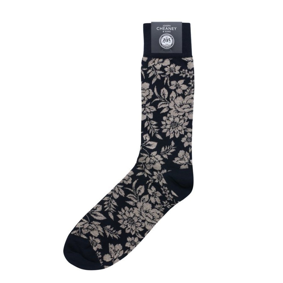 Accessories Corgi | Floral Pattern French Navy Mens Cotton Socks